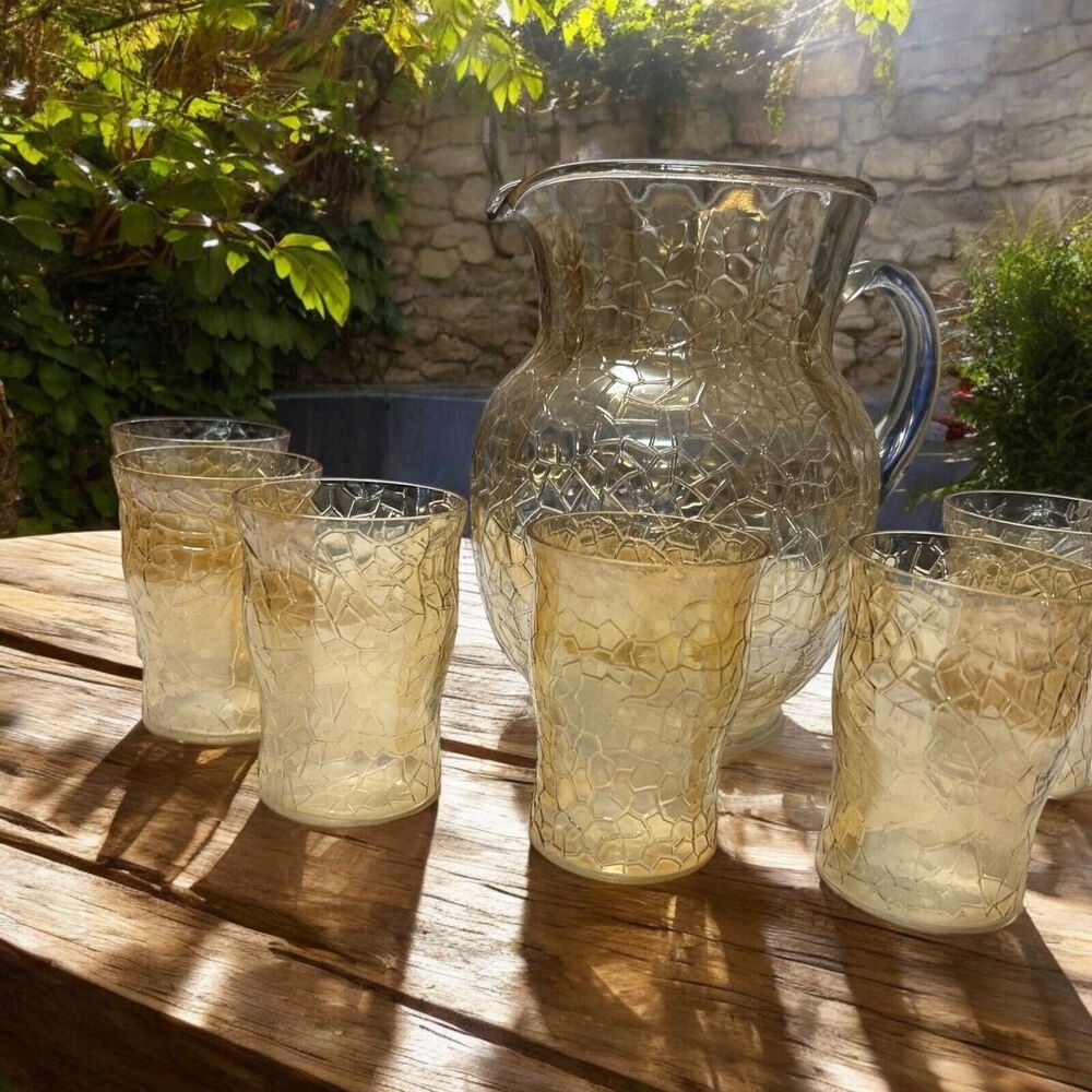 Vintage Amber Crinkle glass Pitcher With 6 Four Inch Juice Glasses